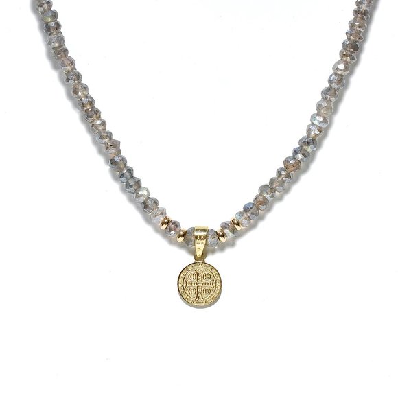 14k Gold Saint Benedict Medal & Labradorite Stone Knotted Necklace - Picture 3 of 8